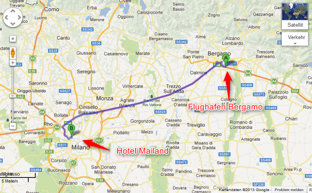 Route vom Flughafen Bergamo zum Hotel nach Mailand