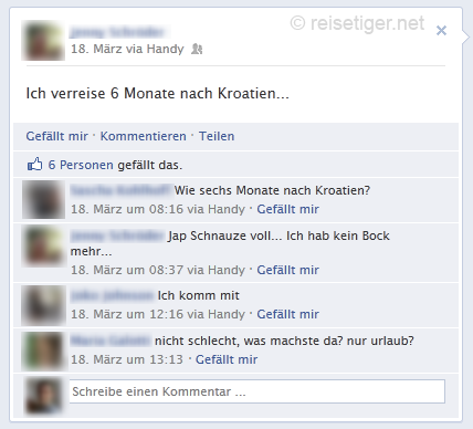 Facebook-Meldung Ich verreise 6 Moante nach Kroatien