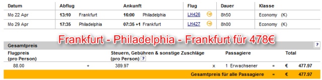 Frankfurt-Philadelphia-Frankfurt Aktionspreis Lufthansa