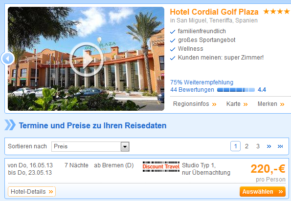 Hotel Cordial Golf Plaza Teneriffa Schnaeppchen