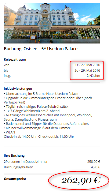 Buchungsuebersicht Usedom Palace Travador