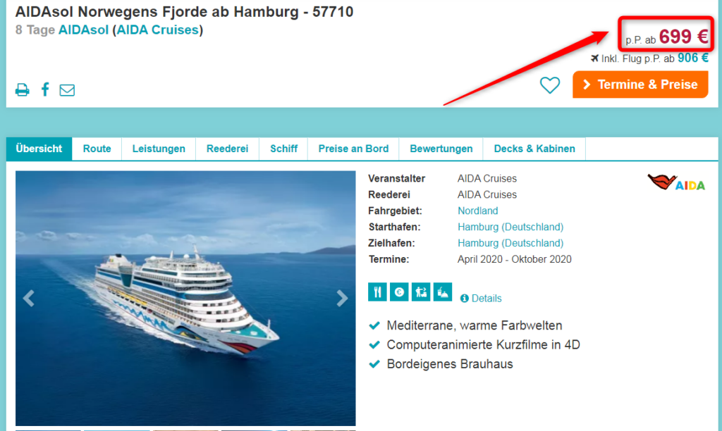 Kreuzfahrt Norwegens Fjorde 8 Tage mit der AIDA ab Hamburg für 699